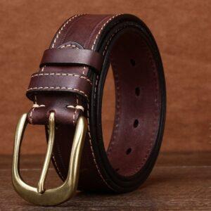 Men's Genuine Leather Top Layer Cowhide Copper Buckle Belt Dark Brown
