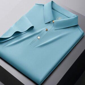 Men's Seamless Glue Trendy Solid Color Polo Short Sleeve Shirt Blue